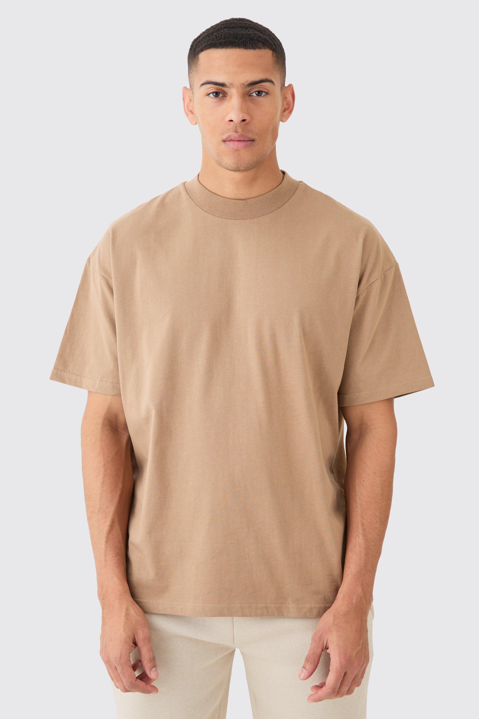 Mens Brown Oversized Extended Neck Heavyweight T-shirt, Brown